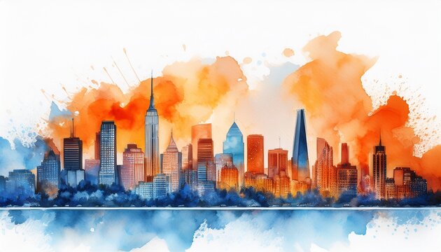 vibrant city skyline with watercolor effects showcases blend of blue and orange hues creating dynamic and artistic atmosphere.jpg
