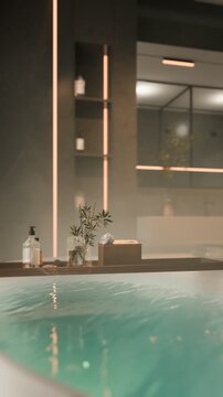 Modern bathroom bathtub with wooden tray holding soap and plant