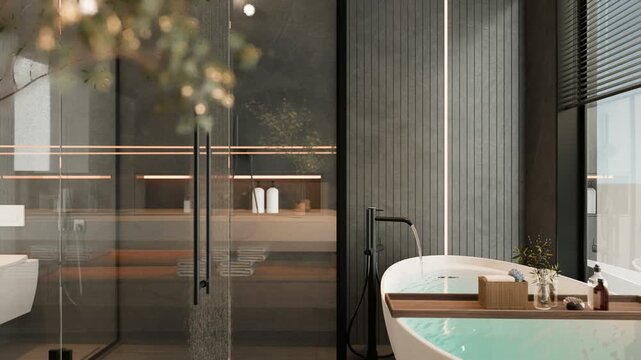 Modern bathroom with wet shower and bathtub in 3d interior render