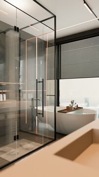 Modern bathroom interior with flowing water shower and bathtub 3d render