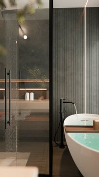 Modern bathroom CGI render with freestanding bathtub and glass shower