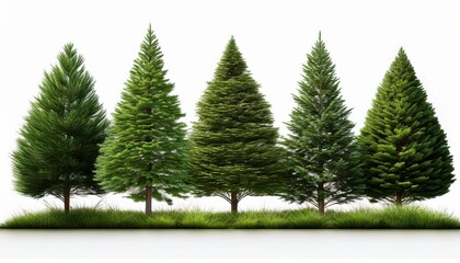 Fototapeta premium row of evergreen trees with lush foliage growing on a grassy patch isolated on white background natural depth ultrasharp details.jpg