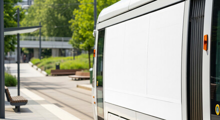 Fototapeta premium Blank White Billboard on Side of Modern Tram at City Station