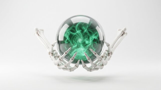 Skeleton hands holding a glowing green crystal magic fortune teller ball for supernatural psychic divination