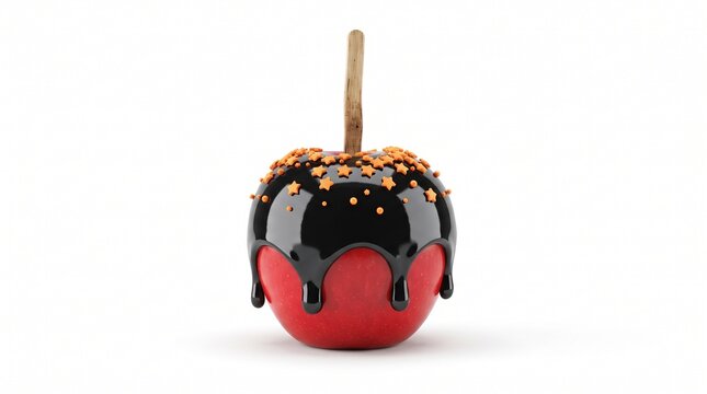 A single red candy apple covered in shiny black chocolate glaze and decorated with small orange sugar stars