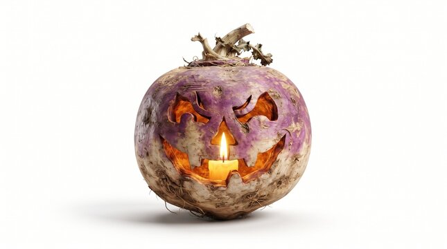 A carved turnip lantern with a lit candle inside for a traditional halloween folk festival celebration event