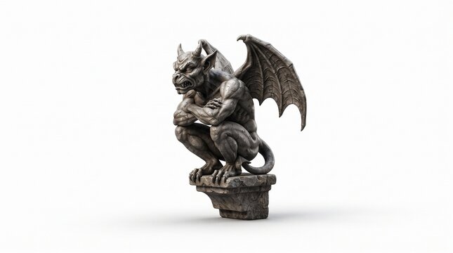Old stone gargoyle statue with wings sitting on a pillar looking scary and aggressive for gothic architecture