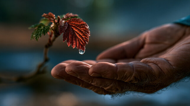 Water drop falling from small leaf onto human hand symbolizing nature care