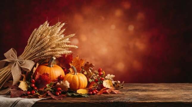 Warm thanksgiving background with pumpkins wheat and fall leaves for holiday celebrations and festive designs
