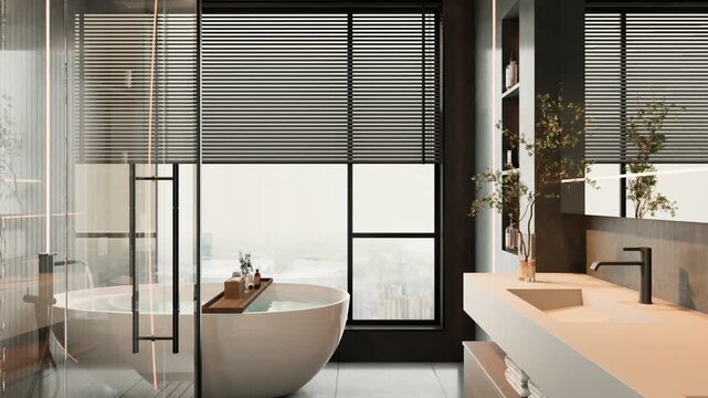 Modern Bathroom with Luxury Bathtub and City View through Window