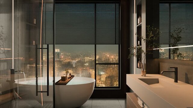 Modern Bathroom Interior with Night City View and Rain on Window