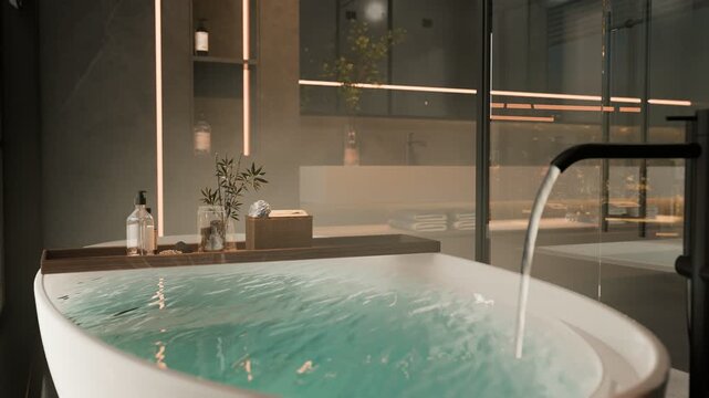 Modern luxury bathroom with bathtub filling water and serene decoration