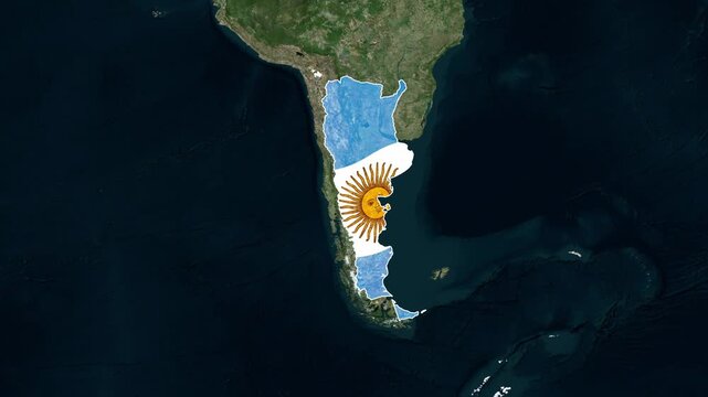 Map of argentina with the national flag texture, featuring the sun of may, overlaid on a satellite view of south america. Argentina map animation with flag.