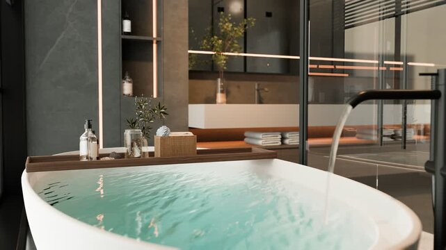 Modern luxury bathroom CGI filling a white bathtub with water