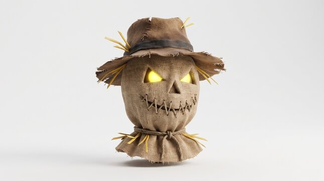 Scary scarecrow head with glowing eyes and old burlap hat for a spooky halloween holiday celebration concept