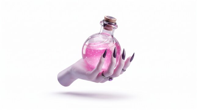 Witch hand holding a glass bottle with glowing pink magic potion and sparkles for a fantasy halloween concept
