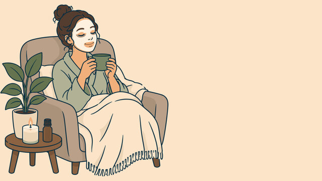 Woman relaxes in cozy armchair, wrapped in soft blanket. She sips warm tea, eyes closed in calm contentment. Potted plant sits beside her on a wooden side table. Candle and small bottle rest nearby