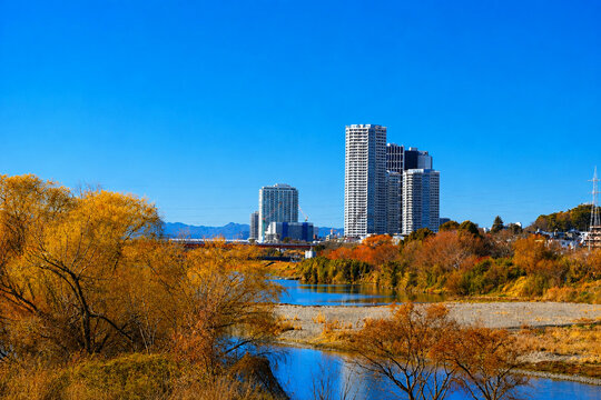 Clear blue sky over Tama River and Futako Tamagawa cityscape