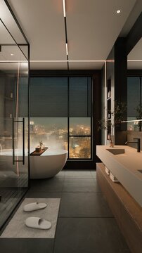 Modern minimalist bathroom with freestanding tub and city view at night