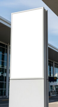 Vertical blank pylon sign mockup at modern airport terminal entrance