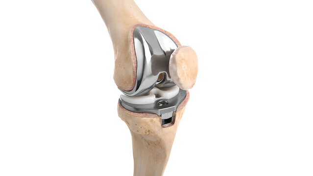 Total knee replacement with tibial baseplate implant in a photorealistic anatomical cutaway of the knee joint on white background for orthopedic surgery, healthcare, and patient education