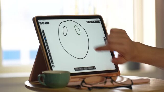 Close up of woman finger drawing outline of smiley face on digital tablet screen sitting at office table with coffee cup