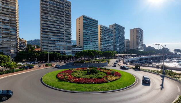 Urban Roundabout with Colorful Flowers and High-rise Buildings.