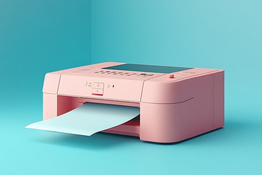 Pink printer with paper emerging, on blue background, office equipment, printing device