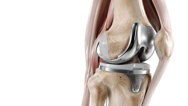 Total knee replacement with tibial baseplate implant in a photorealistic anatomical cutaway of the knee joint on white background for orthopedic surgery, healthcare, and patient education
