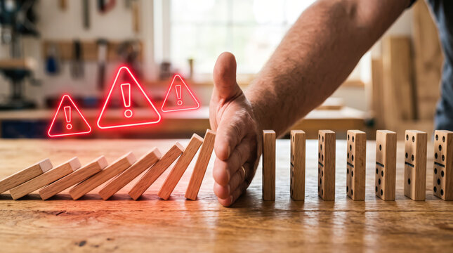 A hand intervenes to stop a chain reaction of falling wooden dominoes symbolizing risk management and crisis prevention