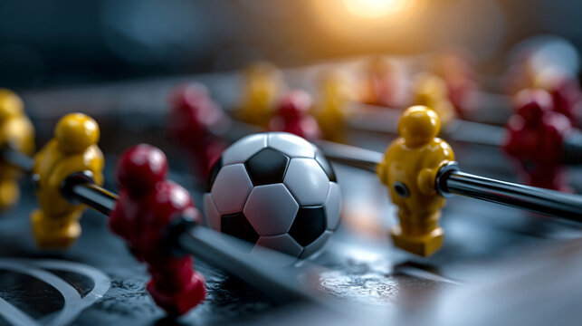 Soccer ball in middle of foosball table match game close