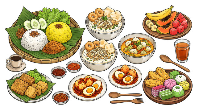 Indonesian Traditional Food Vector Set with Nasi Goreng, Tumpeng, and Sambal