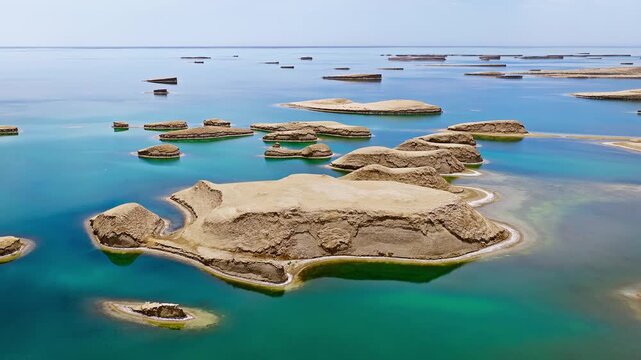 Aerial drone shot of water yardang landforms surrounded by turquoise water in the Qaidam Basin, Qinghai, China