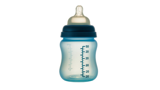 Isolated translucent blue baby feeding bottle with dark cap and soft silicone nipple