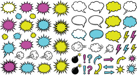 Comic Pop Art Elements Set with Starburst Speech Bubble Thought Cloud Lightning Bolt Bomb Arrow and Explosion Vector Illustration Collection © MdJillur