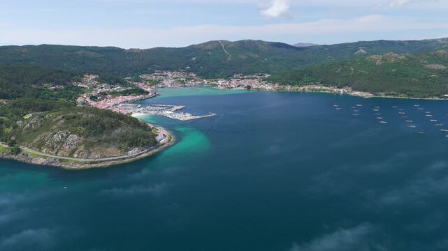Aerial View Above the Historic Fishing Village and Harbor of Muros, Galicia, Spain