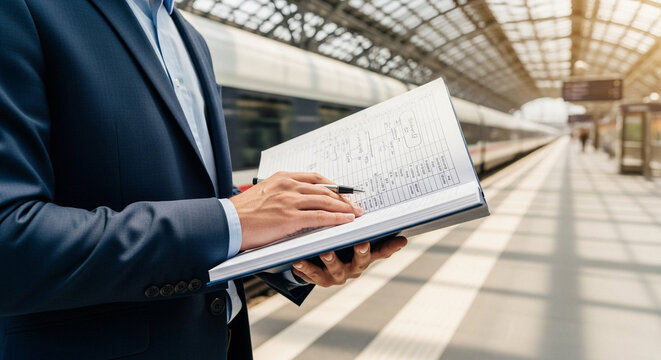 Businessman checking train schedule at station