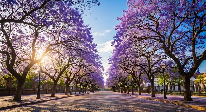 Spring blossoms on tree lined suburban street.