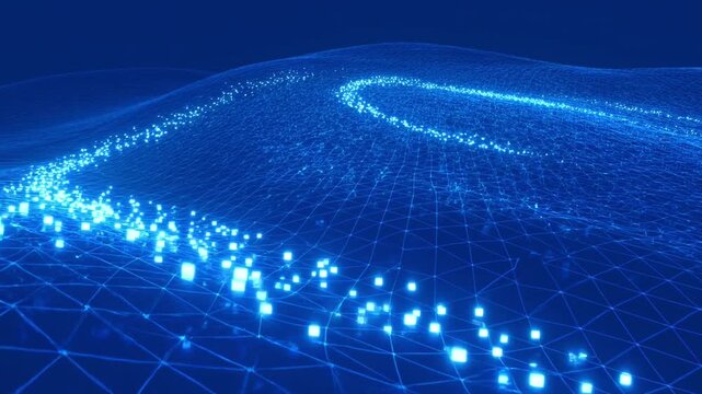 Abstract visualization of flowing data streams and networks with glowing digital particles on a blue grid background representing technology and connection
