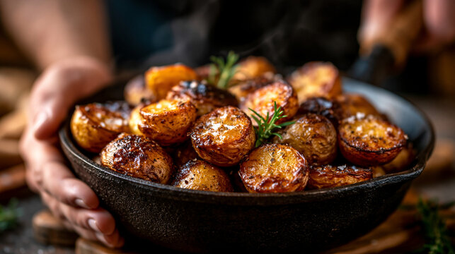Chef hands serving roasted seasoned baby potatoes in a skillet with potatoes