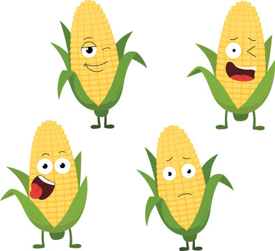 Cartoon cute corn vector illustration set with funny vegetable characters, smiling maize food design for kids, comics, stickers, farming, agriculture, education, or decoration