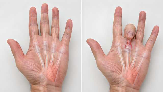 Trigger finger hand anatomy comparison with normal flexor tendon and A1 pulley stenosis, photorealistic medical illustration for healthcare, orthopedic education, diagnosis, and patient awareness
