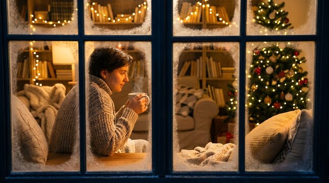 Peaceful Pause at the Windowpane: Festive Glow Within a Cozy Household  calm Christmas ornament reflection glowing golden bokeh intimate nostalgic heartfelt warmth togetherness seasonal