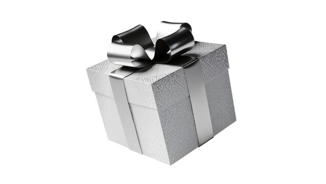 Isolated luxury silver gift box with textured paper and metallic bow for special occasions