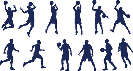 Basketball Player Silhouettes Collection, Action Poses with Ball, Dunking, Dribbling, Jump Shots, Sport Athlete Movements, Blue Vector Art, Competitive Basketball Motion Illustration © Mst