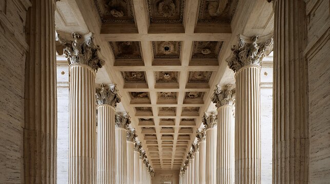 Grand classical colonnade hallway with ornate coffered ceiling and marble pillars.