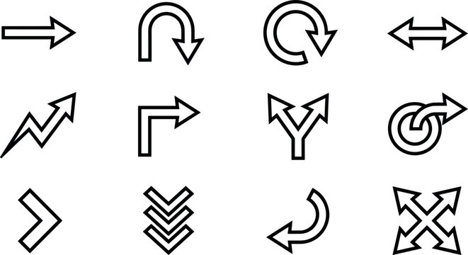 Directional Arrow Line Icon Set Featuring Curve, Loop, Pointer, and Split Symbols for Website Navigation, Wayfinding Signage, and Business Growth Graphic Designs