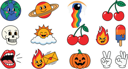 Retro Cartoon Sticker Set with Earth Saturn Rainbow Eye Cherry Skull Sun Flame Popsicle and Pumpkin Vector Illustration © MdJillur