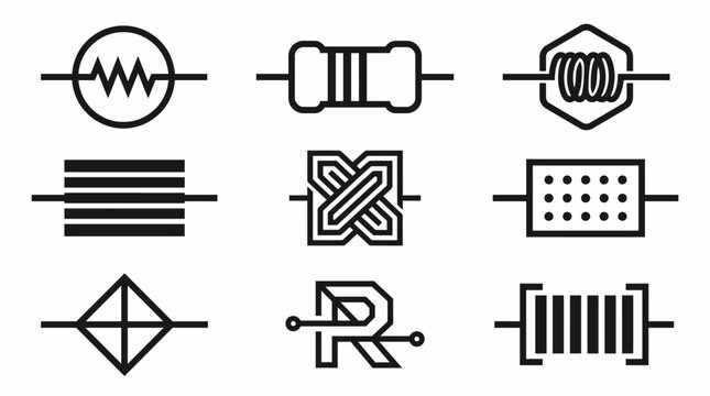 A collection of nine minimalist line art icons depicting various electrical and electronic component symbols and abstract geometric designs.
