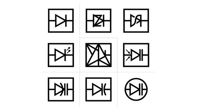 Collection of various electronic circuit symbols for different types of diodes, including standard, Zener, Schottky, LED, and varactor diodes.